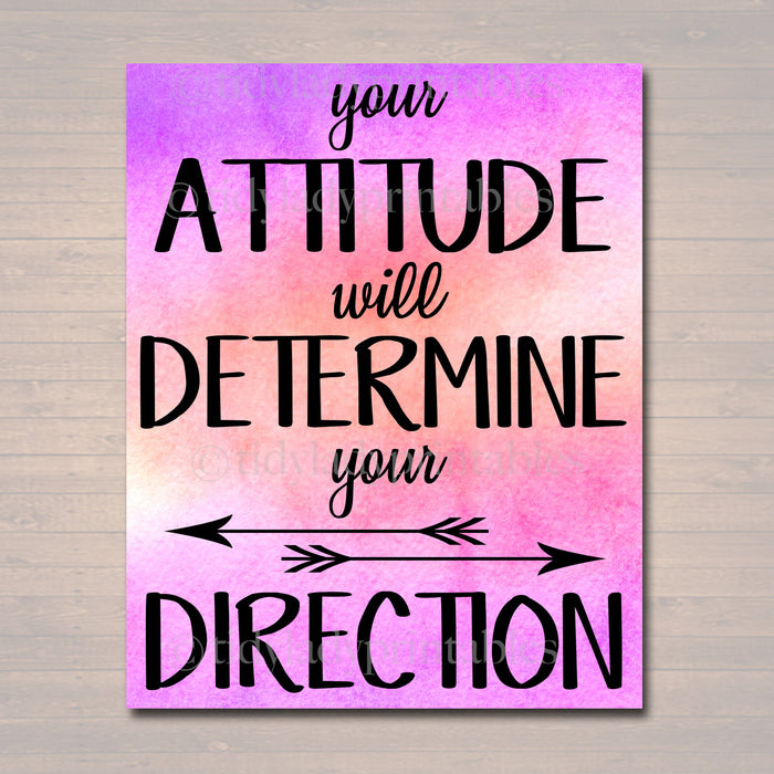 Inspirational Watercolor Printable Poster School Counselor Teacher Social Worker Classroom Pink Office Decor, Attitude Determines Direction