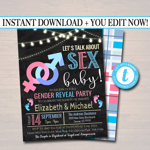 EDITABLE Gender Reveal Party Invitation, Baby Sprinkle, Coed Couples Baby Shower Let's Talk About Sex Baby Funny Invite, Team Pink Team Blue