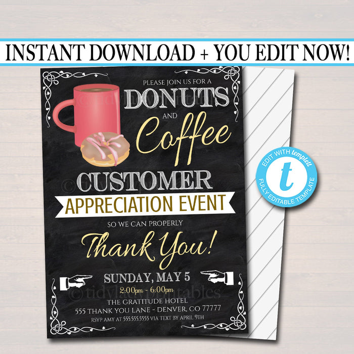 Editable Coffee Donuts Appreciation Invitation, Grateful For You Teacher Staff Invitation, Customer, Boss Client Thank You, INSTANT DOWNLOAD