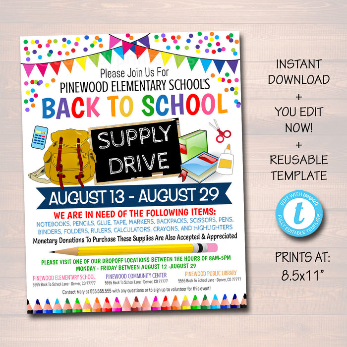 School Supply Drive Event Flyer - Editable Template