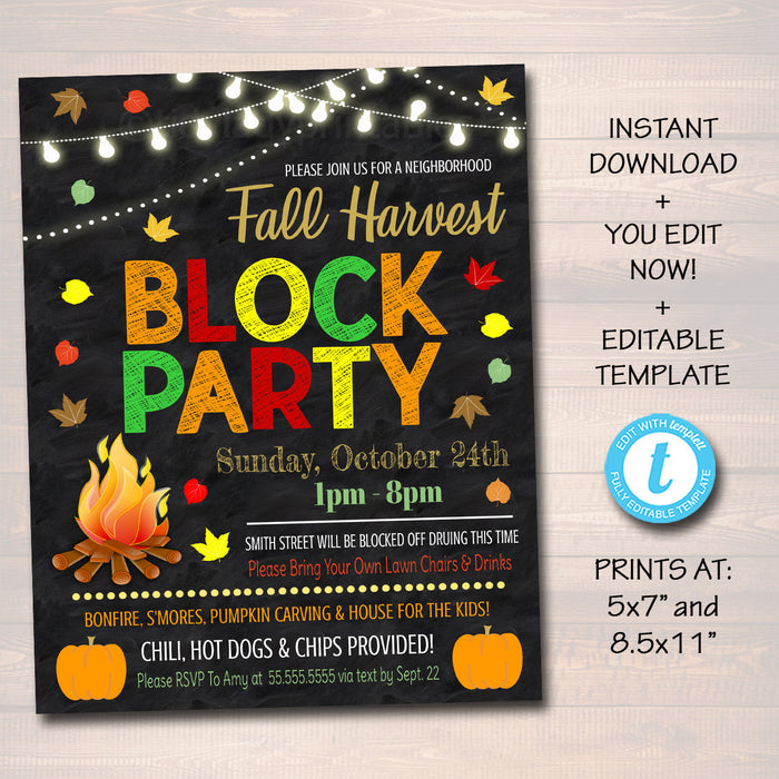 Fall Block Party Festival Harvest Invite Flyer, Printable Halloween Invitation Neighborhood Halloween Party, Church School Festival