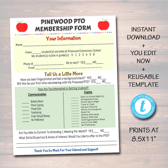 PTO PTA Form, Membership Volunteer Signup Printable Handout, School Fundraiser Event, Template, Newsletter,