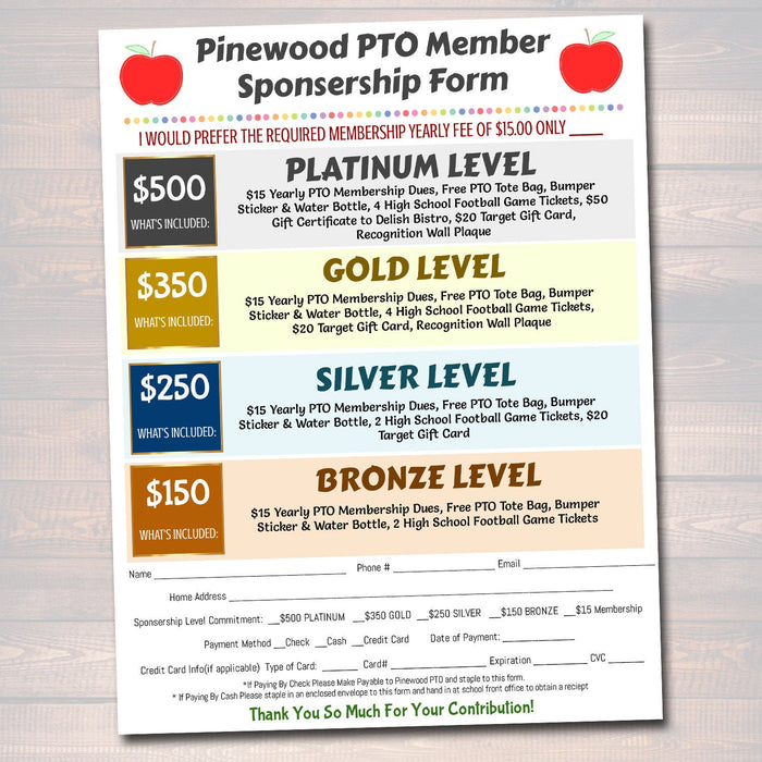 PTO PTA Form - Sponsorship Membership Donation Signup Printable Handout - Editable Template