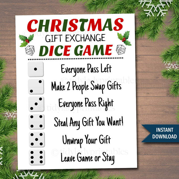 Printable Christmas Gift Exchange Dice Game, Christmas Party Game, Present Swap white elephant, dirty santa, INSTANT DOWNLOAD, Secret Santa