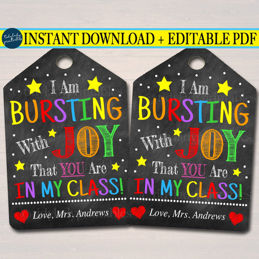 EDITABLE Candy Classroom Printable Gift Tags, Bursting With Joy That You're In My Class, Back To School Gift From Teacher, INSTANT DOWNLOAD