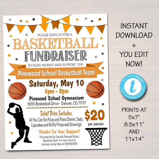 EDITABLE Basketball Fundraiser Flyer, Printable PTA PTO Flyer, School Benefit Fundraiser Event, Poster Digital, Basketball Party Invitation