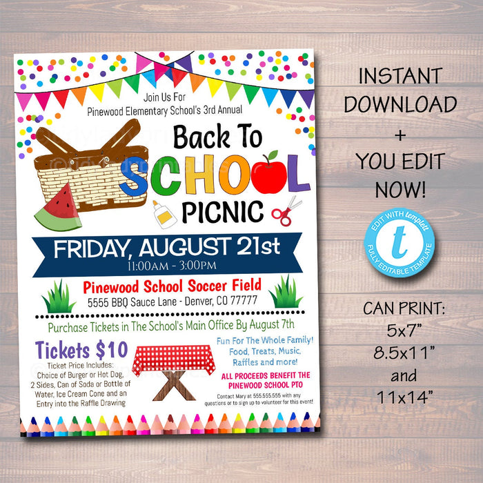 EDITABLE School Picnic Party Invite, Teacher Appreciation Week Printable, Pta Pto Fundraiser, Back to School, End of School INSTANT DOWNLOAD