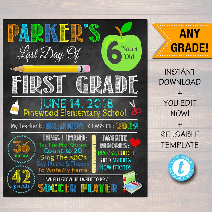 EDITABLE Last Day of School Photo Sign, Back to School Chalkboard Poster Personalized School Chalkboard Sign, Any Grade Sign, School Photo