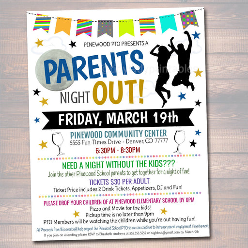 EDITABLE Parents Night Out Flyer, Printable PTA, PTO, School Family Fundraiser Event, Community Center, Church Printable Digital Invitation