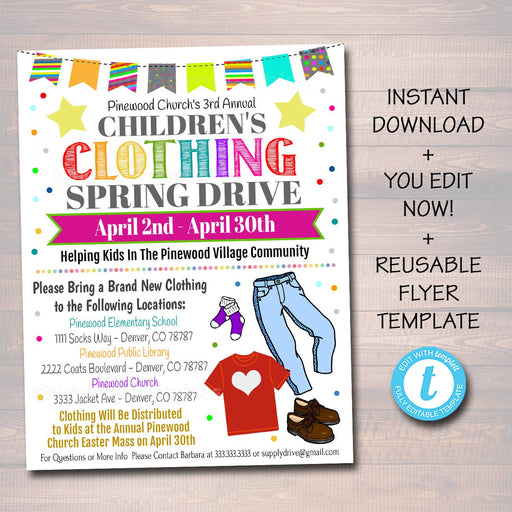 EDITABLE Clothing Drive Flyer, Printable PTA PTO Flyer, School Church Fundraiser, Clothing Swap Rummage Sale Event Poster, Digital Printable