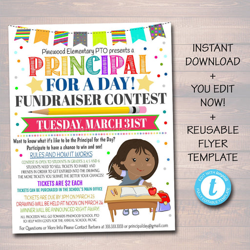 EDITABLE Principal for a Day Contest Fundraiser Flyer, Printable Handout, School Fundraising Event, PTO PTA Event, Instant Download Template