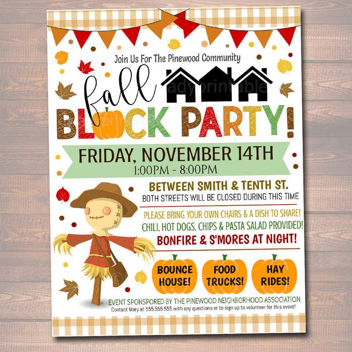 Fall Block Party Festival Harvest Invite Flyer, Printable Halloween Invitation Neighborhood Halloween Party, Church School Festival