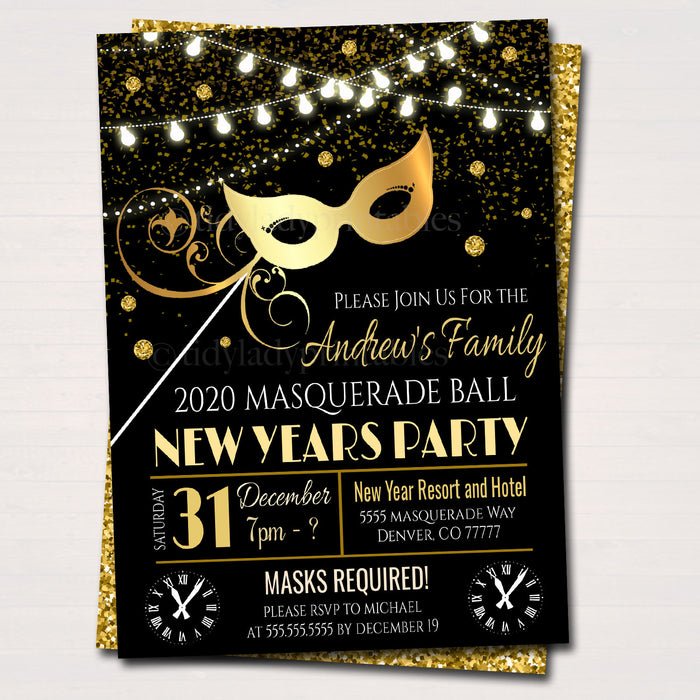 New Years Masquerade Party Invitation, Printable Adult Cocktail New Year Holiday Party Invite, Gold Black Masks,