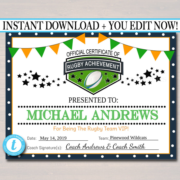 Rugby Award Certificates, , Team Ruby union Awards, Rugby Party Printable, Printable Award Sports Certificates