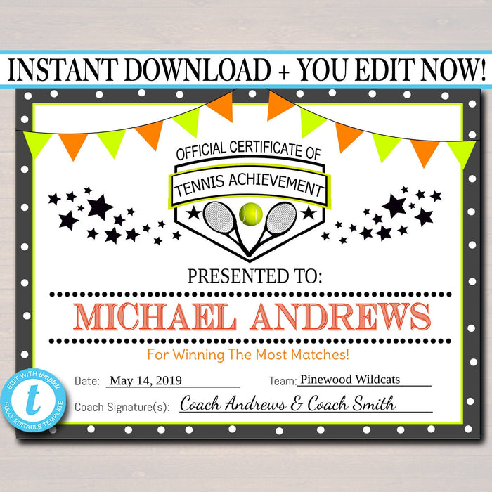 Tennis Award Certificates, , Team Tennis Awards, Tennis Party Printable, Printable Award Sports Certificates