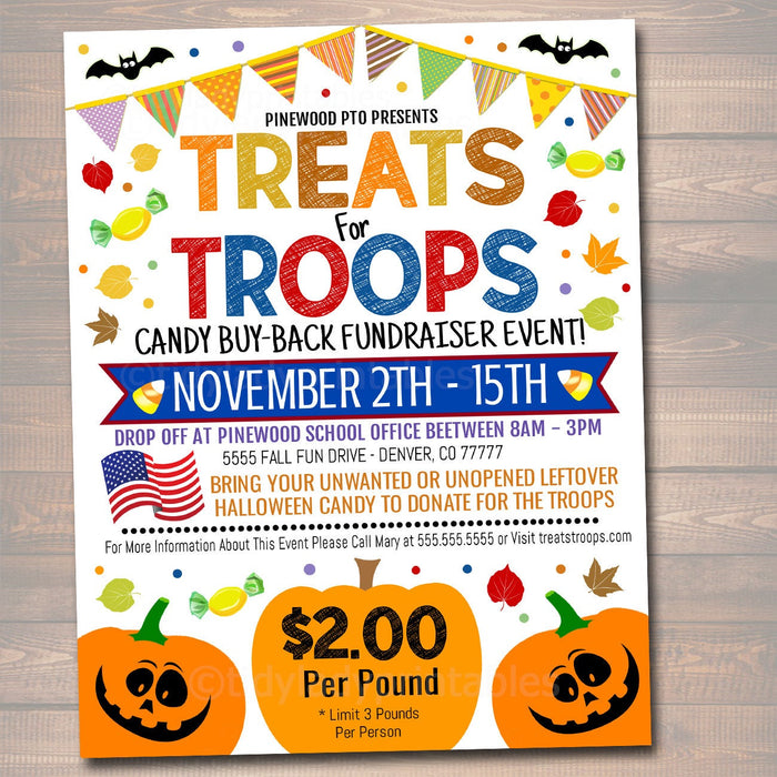 EDITABLE Treats For Troops Candy Drive Buy Back Military Fundraiser Flyer/Poster Printable, Community Halloween Event Church School Pto Pta
