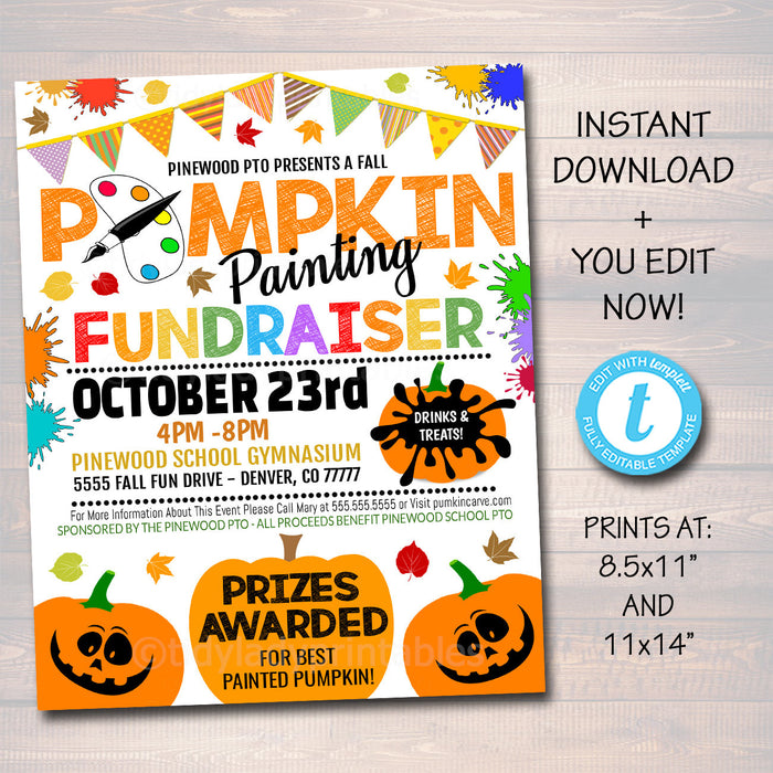 Pumpkin Painting Party Fundraiser Flyer/Poster Printable, Community Halloween Event Church School Pto Pta, Fall Harvest Festival
