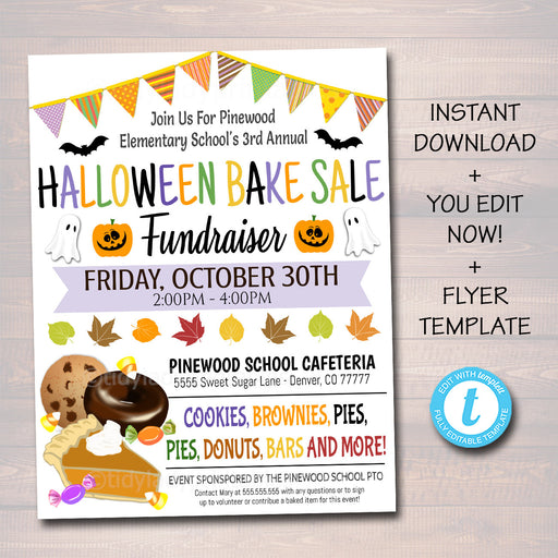 Halloween Bake Sale Flyer, Festival Fall Harvest Flyer, Printable Boo Bake Invite, Fall Church School pto pta Fundraiser Editable Template