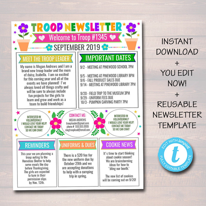 EDITABLE Newsletter Template, INSTANT DOWNLOAD, Teacher Newsletter, Event Newsletter, Parent Communication Form, School, Troop Printable