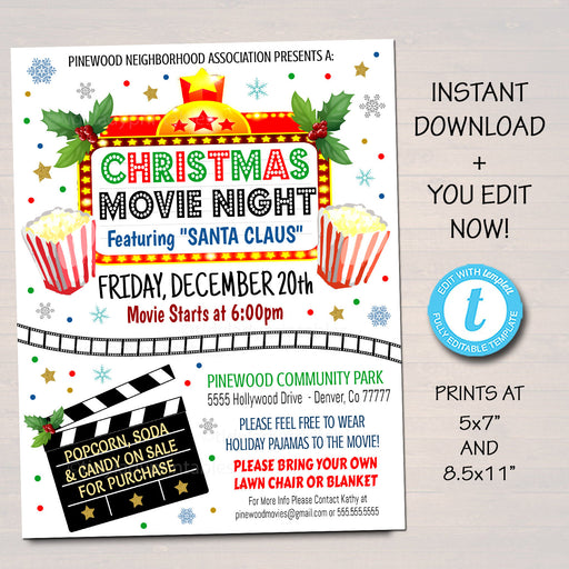 EDITABLE Christmas Movie Night Flyer, Printable PTA PTO Flyer Xmas School Church Benefit Fundraiser Event Poster Digital Cinema Party Invite