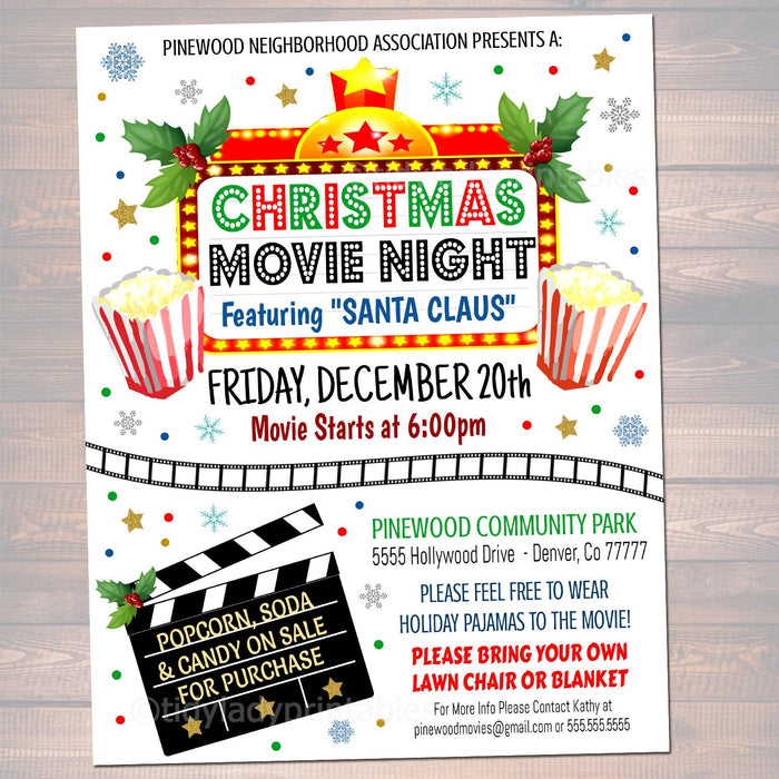 EDITABLE Christmas Movie Night Flyer, Printable PTA PTO Flyer Xmas School Church Benefit Fundraiser Event Poster Digital Cinema Party Invite