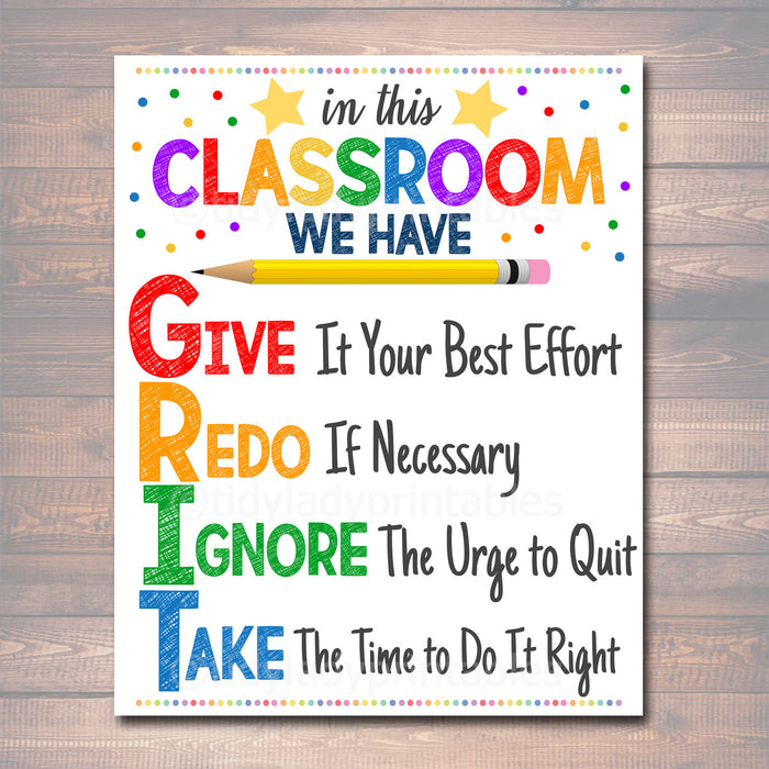 GRIT Acronym Poster, Growth Mindset, INSTANT DOWNLOAD, Printable Motivational Wall Art, School Office, Classroom Decor, Teacher Chalkboard