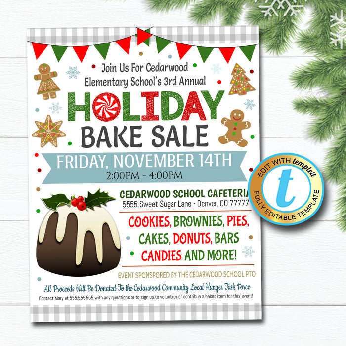 Christmas Bake Sale Flyer Holiday Bakery Invitation, School Church Pto Pta Fundraiser Shopping Xmas Event Editable Template DIY Self-Editing