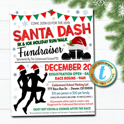 Santa Run Flyer, Christmas Race, Santa Dash, School Church Pto Pta Fundraiser, Xmas Event Editable Template, Holiday Party, DIY Self-Editing