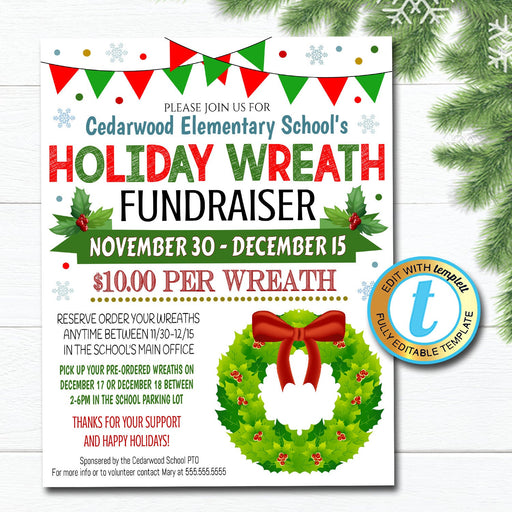Christmas Wreath Fundraiser Flyer, Holiday School Church Pto Pta, Xmas Plant Flower Sale, Editable Template, Xmas Shopping, DIY Self-Editing