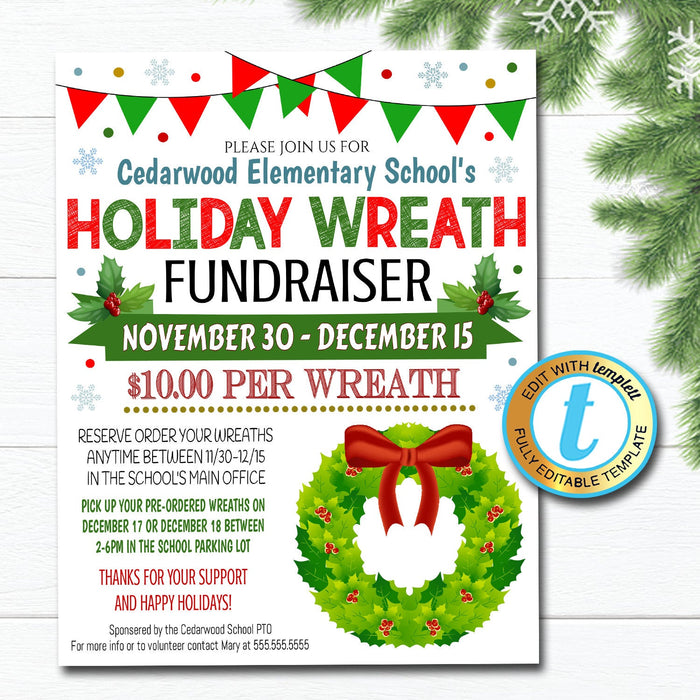 Christmas Wreath Fundraiser Flyer, Holiday School Church Pto Pta, Xmas Plant Flower Sale, Editable Template, Xmas Shopping, DIY Self-Editing