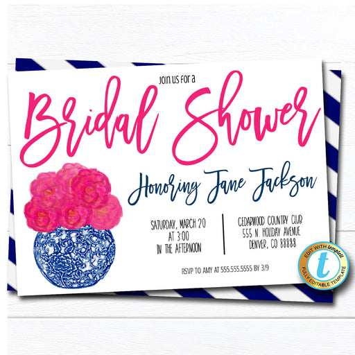 Bridal Shower chinoiserie chic Invitation, Wedding Blue Ginger Jar Southern Elegance, Pink Peony Watercolor DIY Editable Template, Download