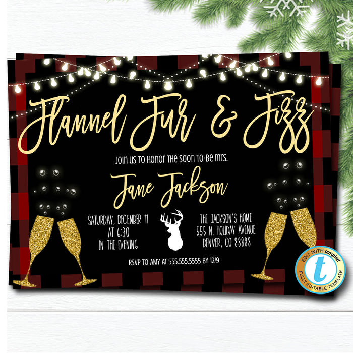 Flannel Fur and Fizz Party Invitation, Christmas Party Plaid Invitation, Holiday Cocktail Party, Editable Template DIY Self-Editing Download