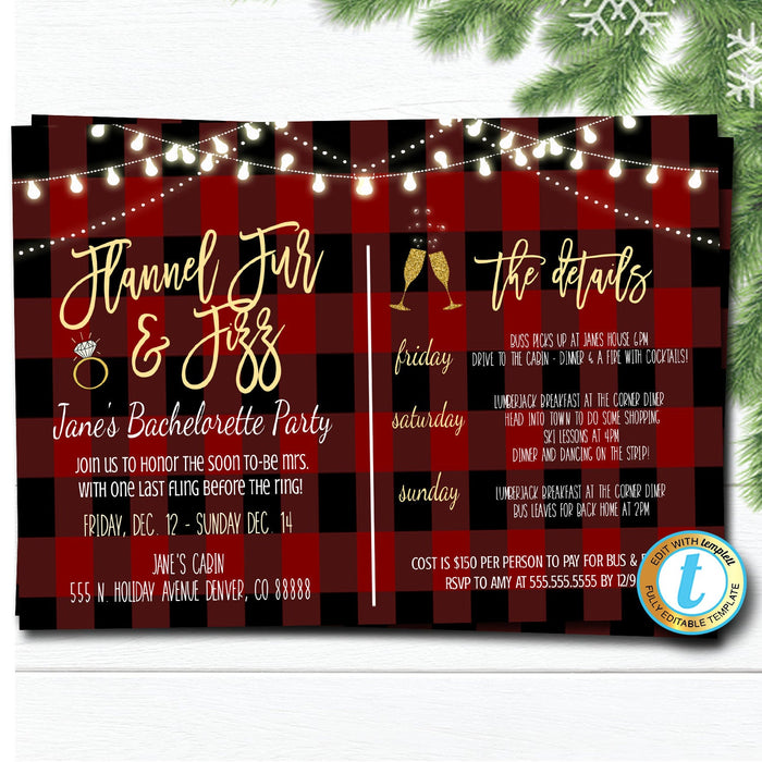Flannel Fur and Fizz Bachelorette Weekend Itinerary, Christmas Party Plaid Invitation, Bridal Bachelorette, Holiday Invite Editable Template