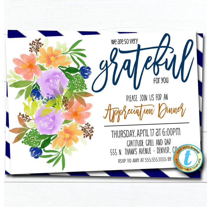 Editable Appreciation Invitation, Grateful For You Teacher Staff Invitation Floral Printable Boss Client Thank You INSTANT DOWNLOAD Template