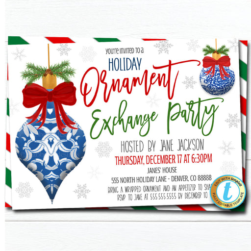 Ornament Exchange Party Invitation, Christmas Preppy Ginger Jar, Southern Chinoiserie Chic Invite, Holiday Party, Editable Template Download