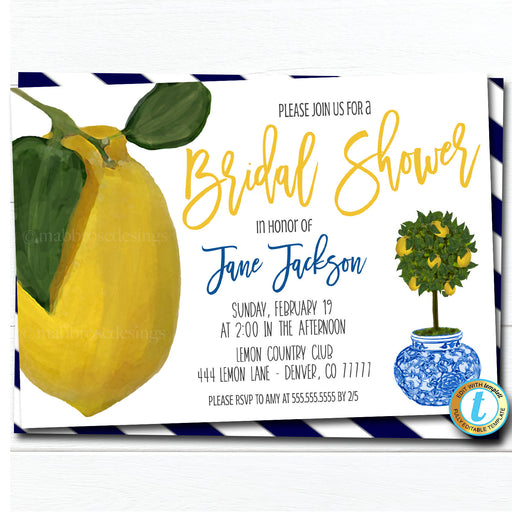 Lemon Bridal Shower Invitation, Chinoiserie Chic, Mediterranean Wedding Blue Ginger Jar Southern Elegance Watercolor, DIY Editable Template