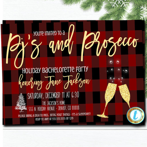 Pajamas & Prosecco Christmas Party Invitation, Bachelorette Holiday Party Plaid Invite, Cocktail Party, Template DIY Self-Editing Download