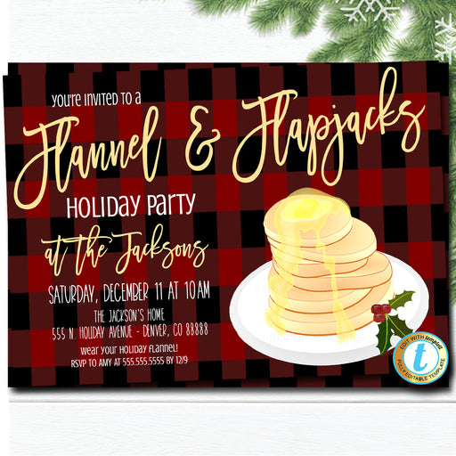 Flannel and Flapjacks Party Invitation, Christmas Party Plaid Invitation, Pancakes and Pajamas, Editable Template, DIY Self-Editing Download