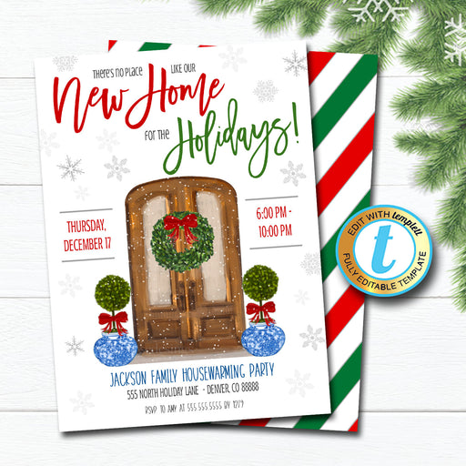 Holiday Housewarming Christmas Invitation, Christmas Party Invite Holiday Front Door, Ginger Jar Southern Style, Editable Template, Download