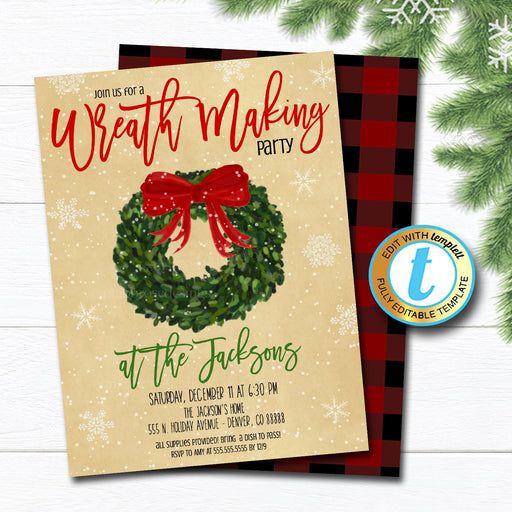 Christmas Wreath Party Invitation, Boxwood Wreath Making Red Bow Holiday Invite, Xmas Gift Exchange, Girls Party, Editable Template Download