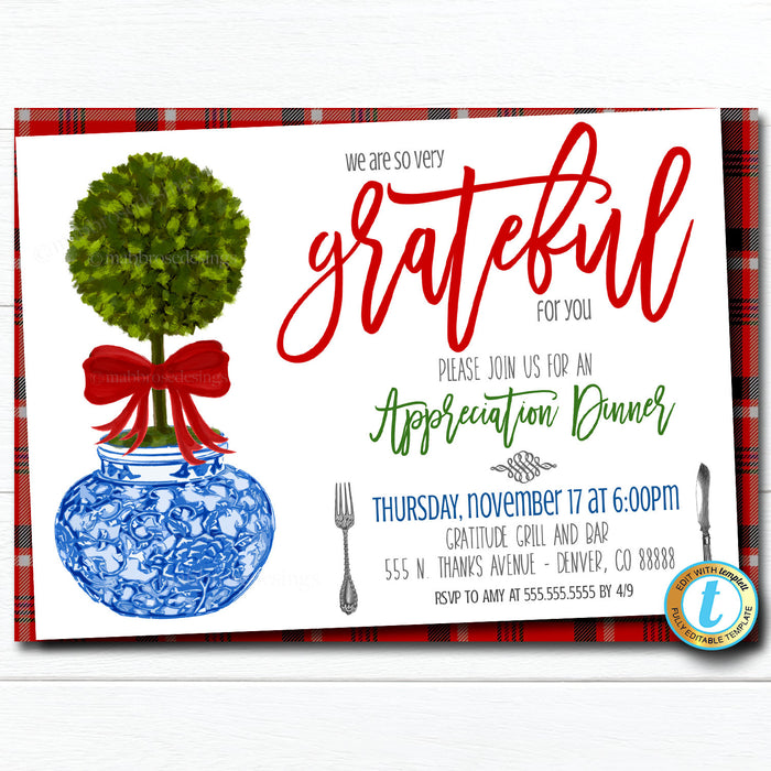 Holiday Appreciation Invitation, Grateful For You, Southern Invitation Ginger Jar Printable, Customer Thank You, INSTANT DOWNLOAD Template