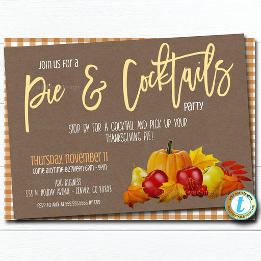 Pie Party Invite, Editable Cocktails and Pie Party, Fall Thanksgiving Pumpkin Invitation, Customer Appreciation, INSTANT DOWNLOAD Template