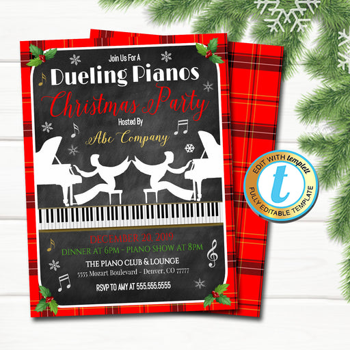 Christmas Party Invitation, Dueling Pianos Adult Holiday Invite Xmas Work Staff Cocktail Party, Editable Template, DIY Self-Editing Download