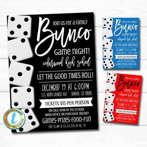 Bunco Night Flyer, Bunco Dice Party Invitation, Family Game Night, School Church Pto Pta Fundraiser, Editable Template DIY Digital Download