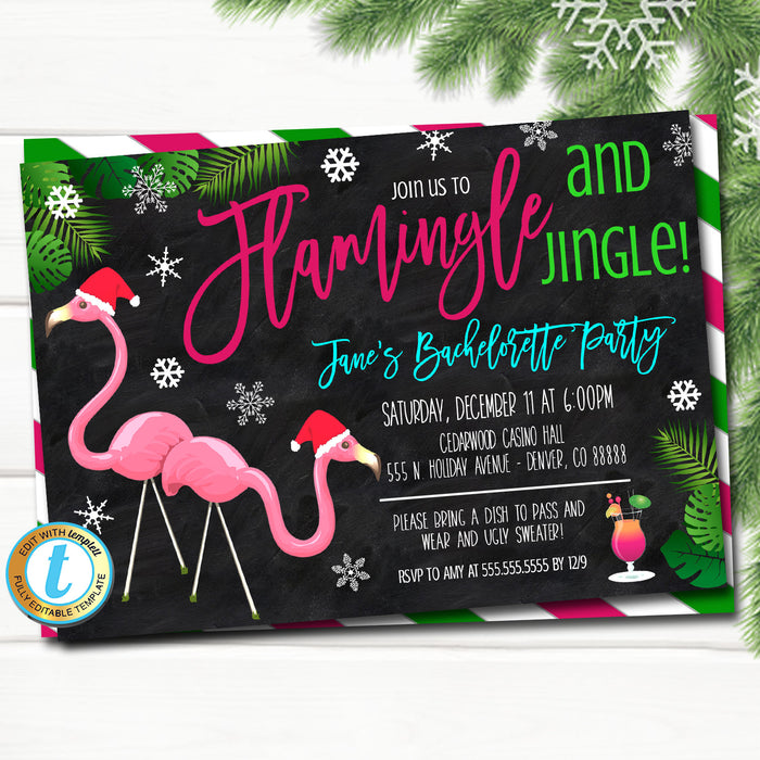 Christmas Invitation, Flamingo Flamingle and Jingle Party, Tropical Bachelorette Christmas in July Luau Invite, Editable Template Download