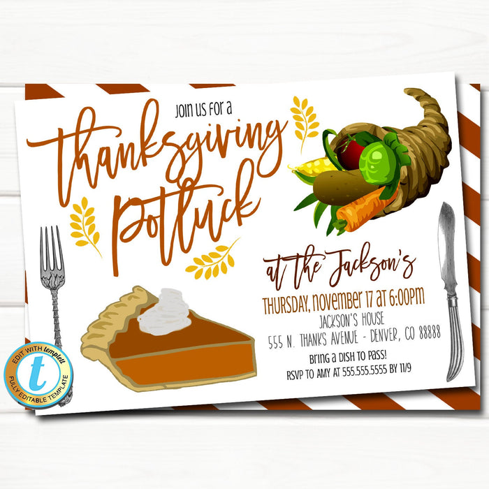 Thanksgiving Potluck Invitation, Friendsgiving Teacher Staff Invitation Pumpkin Printable Dinner Party Thank You, INSTANT DOWNLOAD Template