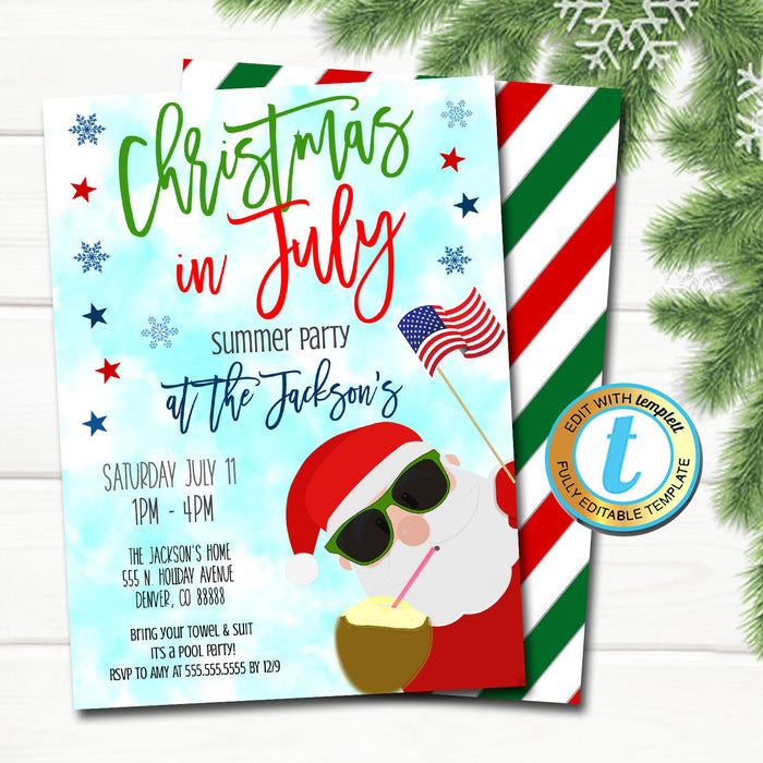 Christmas in July Invitation, Holiday Beach Santa Summer Party, Tropical Christmas in July Pool Luau Beach Invite Editable Template Download