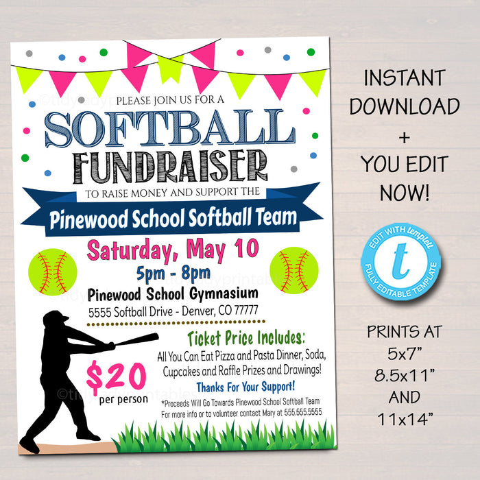 EDITABLE Softball Fundraiser Flyer, Printable PTA PTO Flyer, School Benefit Fundraiser Event Poster Digital Party, Little League Invitation