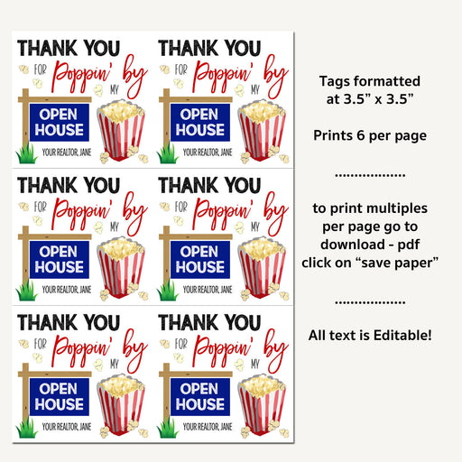Realtor Popcorn Tags, Open House Real Estate Thank You Gift Tags Marketing Tool Thanks for Popping By Editable Template DIY Digital Download