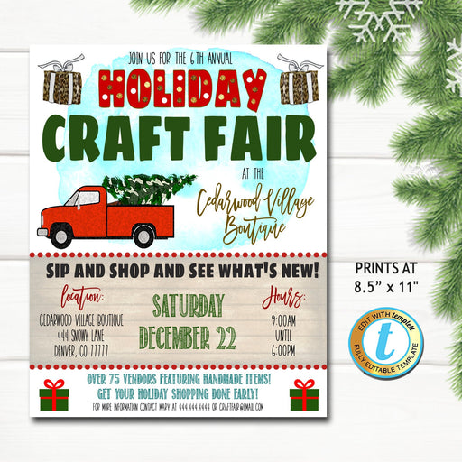 Holiday Craft Fair Flyer, Christmas Vintage Red Truck Invitation, Christmas Boutique Shopping Event School Church Business Editable Template